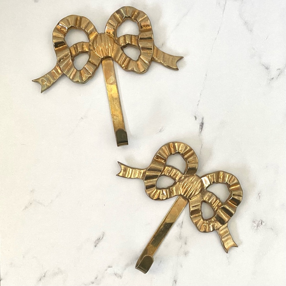 Vintage Brass Bow Wall Hooks Gold Ribbon Pair 2 Coquette Girly Feminine Decor